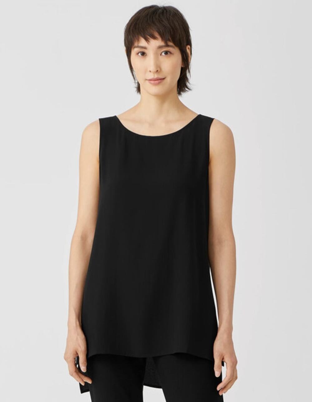 Eileen Fisher Black Crepe 100% Silk High-Low Bateau-Neck Tank Top Women's Large